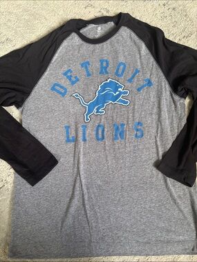 NFL Detroit Lions Raglan Shirt - Gray & Blue with Black Sleeves